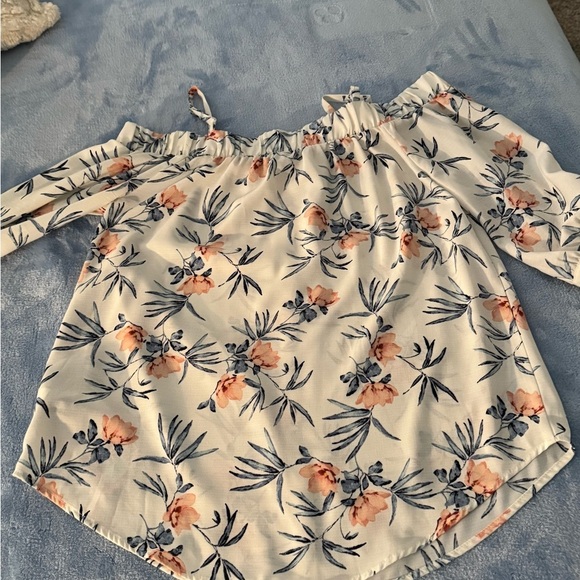 Iz Byer Women’s Floral Off-Shoulder Blouse – White with Pink & Blue Print, (S) - Picture 2 of 5